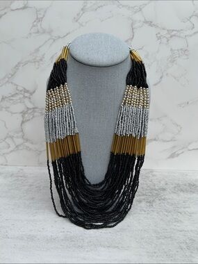 Park Lane Multistrand Beaded Necklace - Black, Silver & Gold